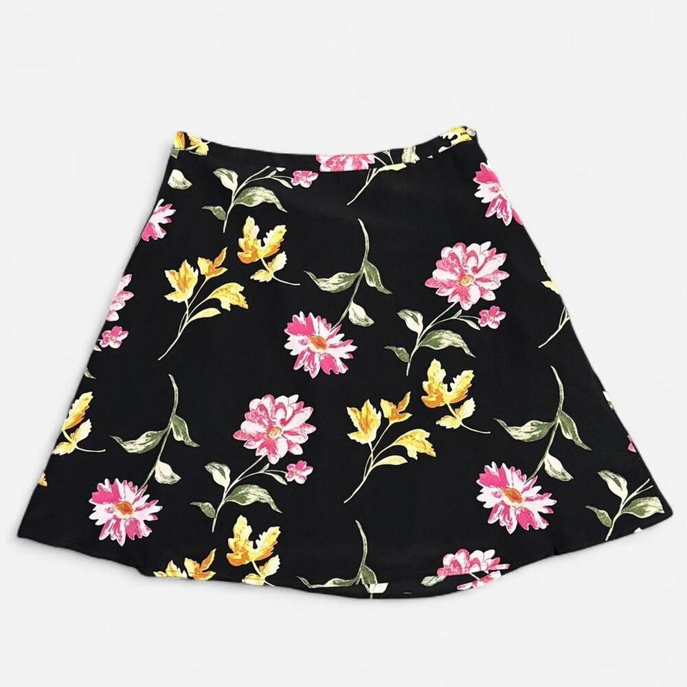 VTG 90s Petite Sophisticate Black, Pink & Yellow Floral Silk Femme Mini Skirt - Picture 5 of 7